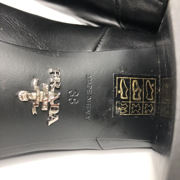 Prada Triangle Logo Plaque Knee High Pull On Block Heel Leather Boots 38 - Picture 8 of 9